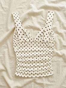 Camiseta de mujer elegante para vacaciones, de tela de punto a lunares, con tirantes retorcidos y fruncidos, de ajuste ceñido, adecuada para vacaciones, citas, té de la tarde, playa, crucero, viaje a la ciudad, vacaciones en la isla, festival de música, vacaciones bohemias, se puede usar por dentro o por fuera - Amarillo claro - Ver 2