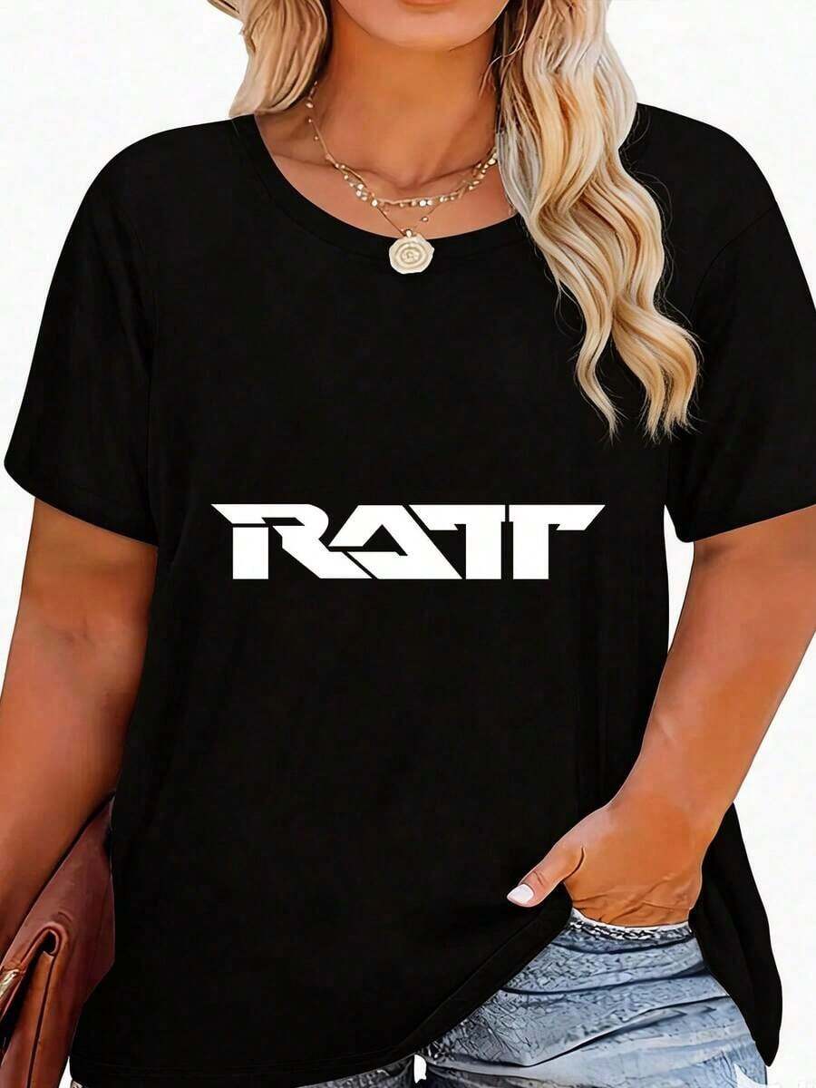 Camiseta Gráfica RATT para Mujer, Top Casual de Algodón de Manga Corta, Camiseta de Moda de Temporada con Cuello Redondo, Camiseta Minimalista con Estampado de Anime/Slogan/Banda, Tejido Cómodo de Elasticidad Media, Lavable a Máquina - Versátil para Uso Diario, Deportivo o Ocasiones Especiales - Negro - Ver 1