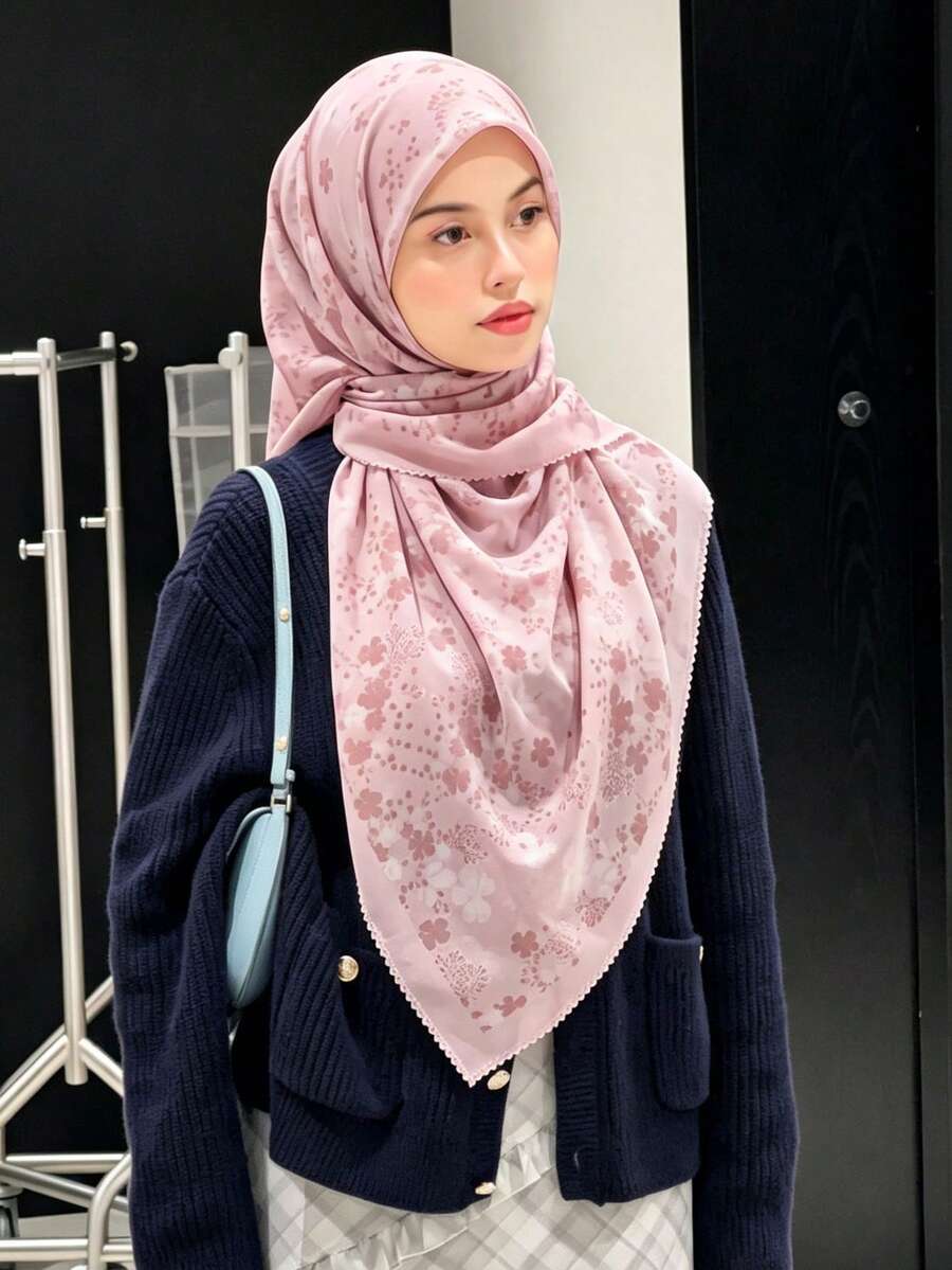 1条110厘米女士印花围巾,高品质印花柔软透气薄纱头巾,优雅百搭,适合日常佩戴、度假、旅行等场合。 - 彩色 - 查看 1