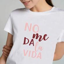 Women's Cotton Short-Sleeved Casual T-Shirt With Printed Slogan, White, Youthful, Mexico - 白色 - 查看 6