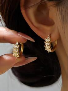 CHICAT 1 Pair Gold Wheat Ear Studs With Zirconia Stones, Premium Faux Diamond Leaf Earrings, Versatile Daily Commute Women's Jewelry - Gold - View 2