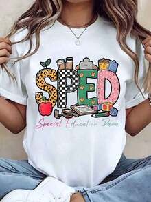 Camiseta de Mujer con Diseño Estampado "Sped Special Education", Cuello Redondo, Ropa Casual, Regalo para Maestras, Camiseta Gráfica, Camisetas Gráficas para Mujer, Camiseta de Verano, Camiseta Casual, Ideal para Vacaciones, Diseño Útil y Moderno, Transpirable y Cómoda. - Blanco - Ver 1