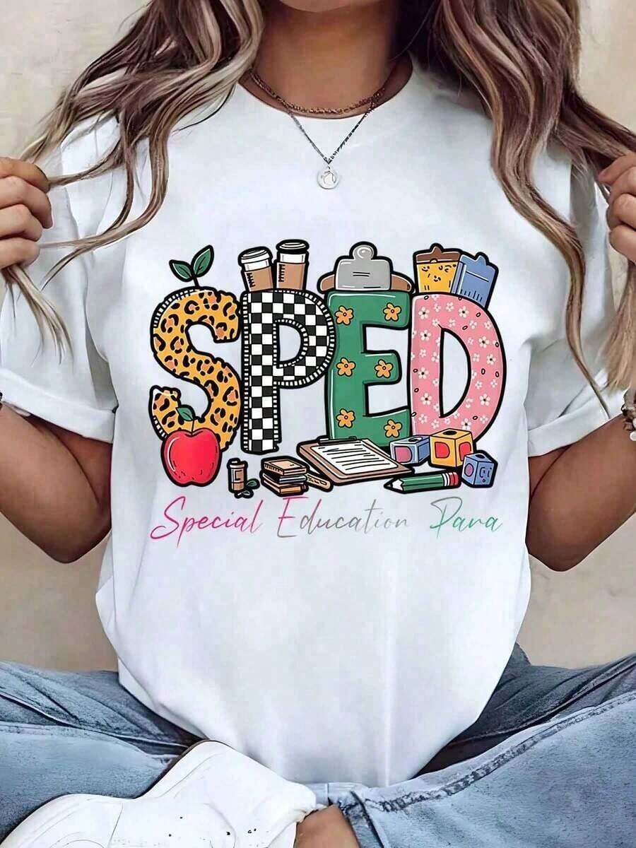 Camiseta de Mujer con Diseño Estampado "Sped Special Education", Cuello Redondo, Ropa Casual, Regalo para Maestras, Camiseta Gráfica, Camisetas Gráficas para Mujer, Camiseta de Verano, Camiseta Casual, Ideal para Vacaciones, Diseño Útil y Moderno, Transpirable y Cómoda. - Blanco - Ver 1