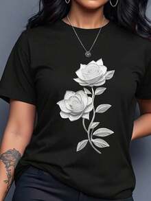 Plus Size Plain Round Neck Short Sleeve T-Shirt, Versatile And Practical - 白色 - 查看 1