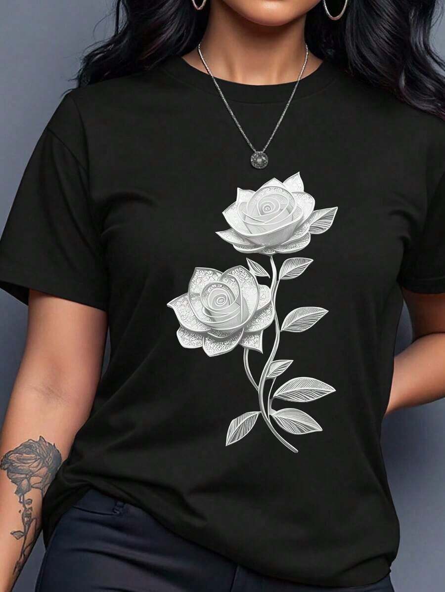 Plus Size Plain Round Neck Short Sleeve T-Shirt, Versatile And Practical - 白色 - 查看 1