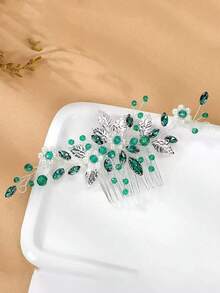 1pc Women's Elegant Handmade Alloy Leaf & Ceramic Flower Faux Pearl Hair Comb, Bridal Wedding Party Accessory - Green - View 3