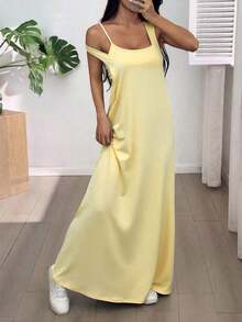 Vestido casual sin mangas con cuello asimétrico para mujer, vestido de verano con sujetador incorporado, color amarillo crema - Negro 3 - Ver 4