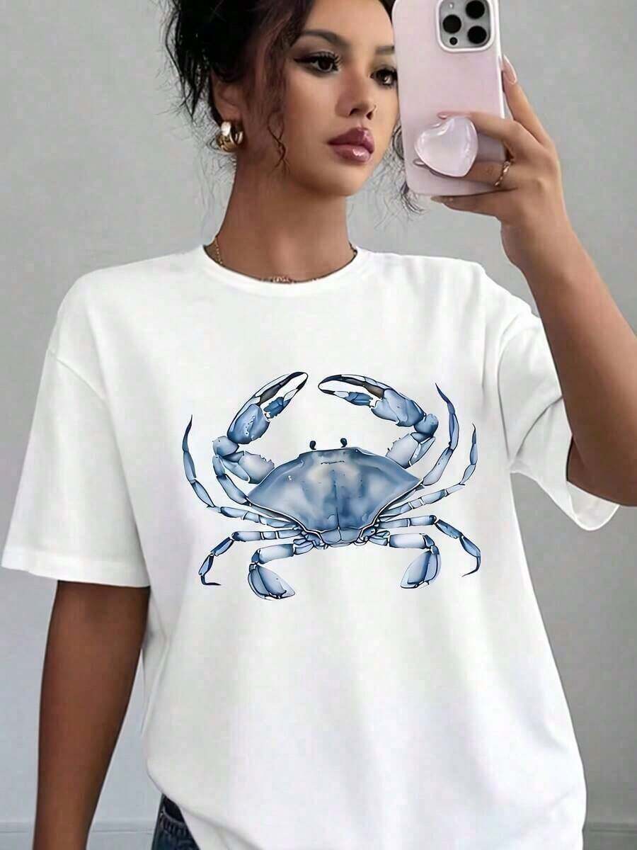 1 Piece Of Women's Casual T-Shirt With Blue Crab Print, Soft And Comfortable, Gift For Birthday, Christmas, Holidays, 180g, 100% Cotton. - 白色 - 查看 1