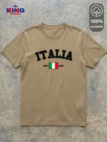 King T-shirt Playera 100% algodón de excelente calidad, esta playera garantiza una suavidad excepcional al tacto, cuello redondo con estampado "Italia Est. 1946 Flag" y manga corta - Caqui - Ver 2