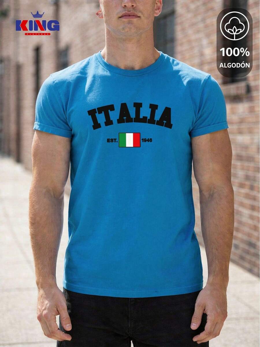 King T-shirt Playera 100% algodón de excelente calidad, esta playera garantiza una suavidad excepcional al tacto, cuello redondo con estampado "Italia Est. 1946 Flag" y manga corta - Neblina azul - Ver 1