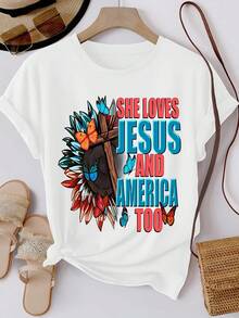 Plus Size Women's T-Shirt She Loves Jesus And America Too Religious Patriotic Design Summer Casual Wear For Faithful Christians And American Pride Lovers - White - View 1