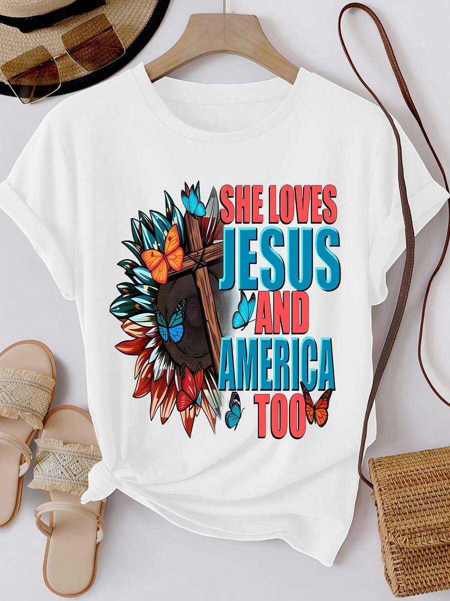 Plus Size Women's T-Shirt She Loves Jesus And America Too Religious Patriotic Design Summer Casual Wear For Faithful Christians And American Pride Lovers - White - View 1