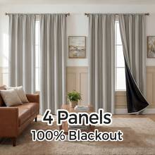 4 Panels 100% Blackout Curtains For Living Room Bedroom, Rod Pocket Light Blocking Window Curtains, Thermal Insulated Drapes Privacy Protection For Bathroom, All Seasons Home Decor. - Khaki - View 1