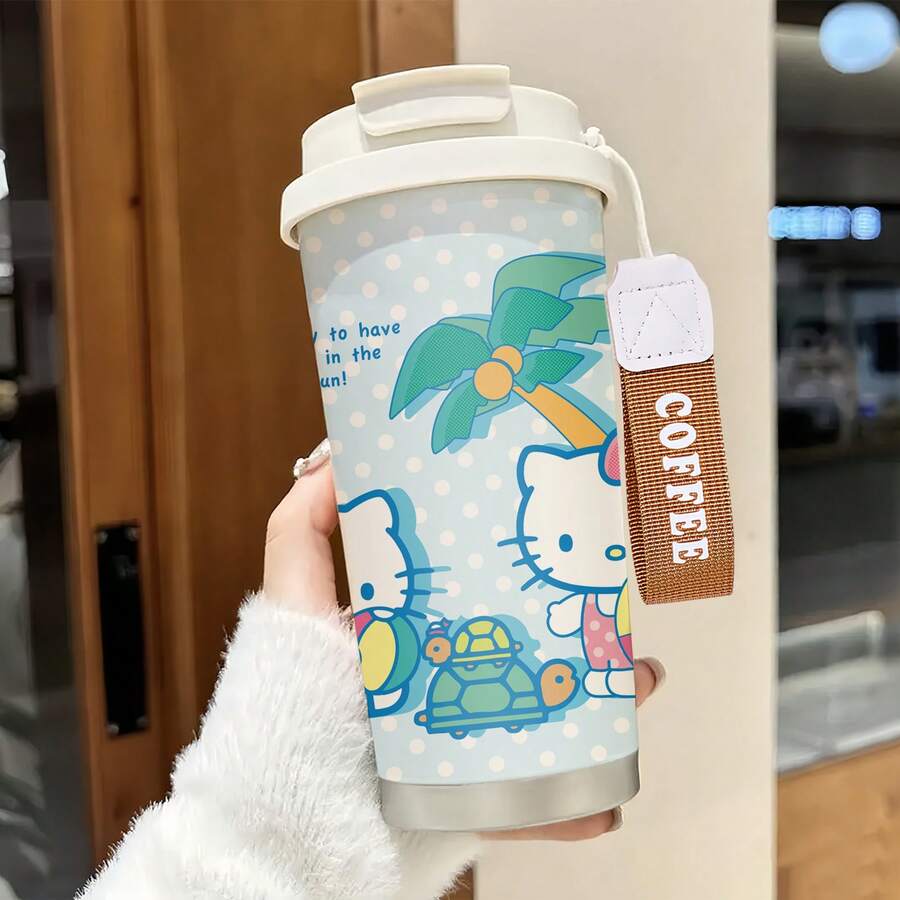Miniso Sanrio Hello Kitty Sommer Strand Edelstahl isolierter Kaffeebecher mit Handgelenkband, auslaufsicherer Klapplid, Doppelfunktion Trinken & Strohhalm, & robuster Reisebecher für heiße/kalte Getränke - Verschiedenfarbig - Übersicht 1