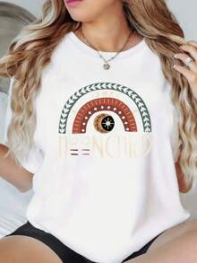 Camiseta Holgada de Gran Tamaño con Estampado de Sol y Luna para Mujer - Tejido de Poliéster Casual, Cuello Redondo, Cómoda para Todas las Temporadas - Blanco - Ver 1