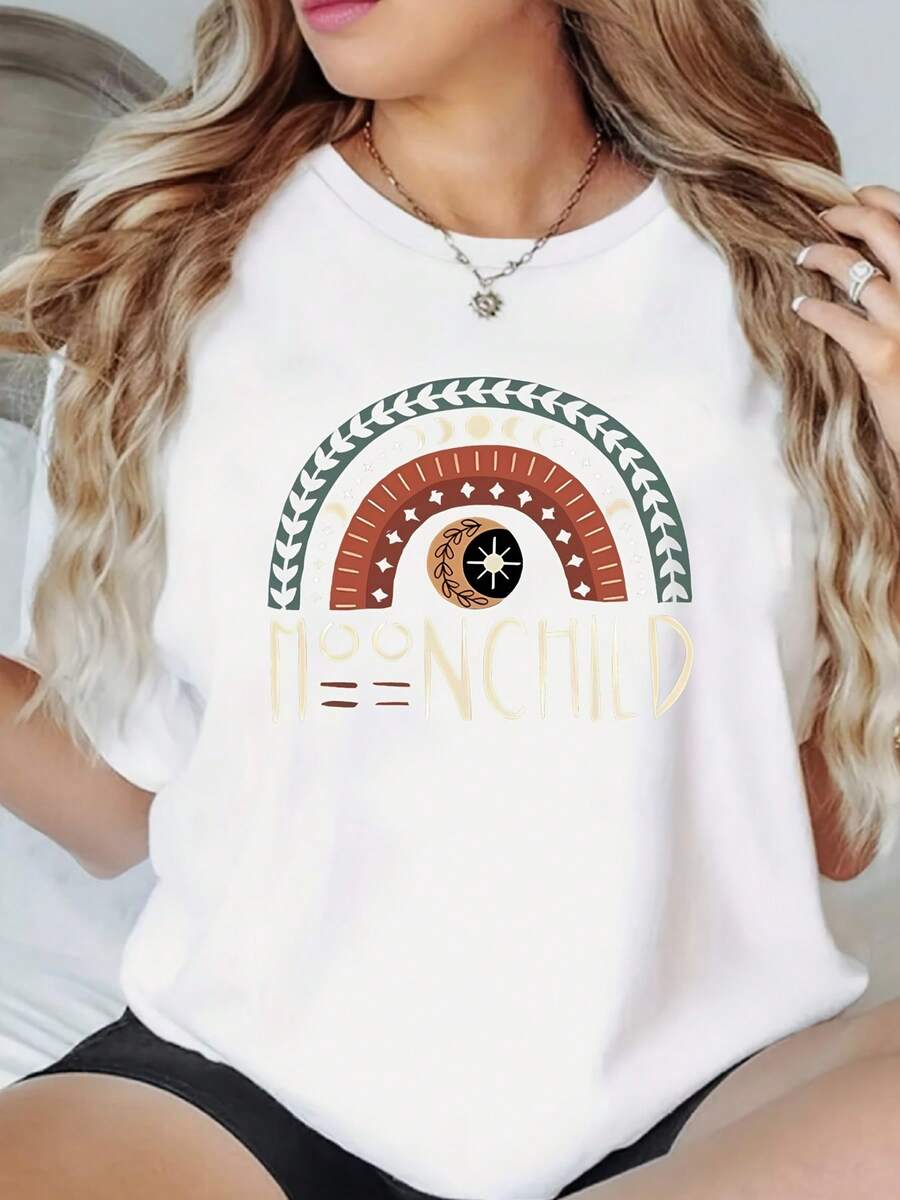 Camiseta Holgada de Gran Tamaño con Estampado de Sol y Luna para Mujer - Tejido de Poliéster Casual, Cuello Redondo, Cómoda para Todas las Temporadas - Blanco - Ver 1