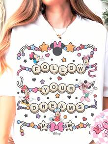 Disney Minnie Mouse "Follow Your Dreams" Tops De Mujer, Cute Beaded Letter Short Sleeve T-Shirt, Summer Tops For Women, Casual Loose Fit Vacation Outfits Women, Magical Positive Vibes Tee, Comfortable Crewneck For Summer & Travel - trắng - Xem 1