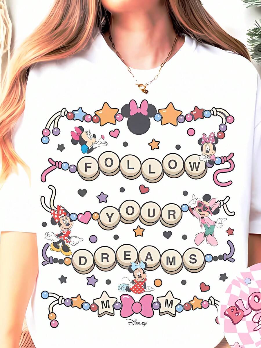 Disney Minnie Mouse "Follow Your Dreams" Tops De Mujer, Cute Beaded Letter Short Sleeve T-Shirt, Summer Tops For Women, Casual Loose Fit Vacation Outfits Women, Magical Positive Vibes Tee, Comfortable Crewneck For Summer & Travel - trắng - Xem 1