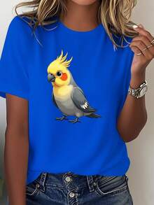 Camiseta suave para mujer, estampada con un delicado retrato de un cacatúa. - Azul - Ver 7