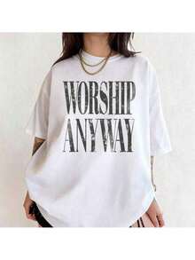 Imprescindible para la temporada de bodas, esencial para festivales, camiseta vintage con inspiración cristiana "Worship Anyway Distressed", ropa de playa, ropa boho para mujer, ropa casual de negocios para mujer, conjuntos de verano. - Multicolor - Ver 1
