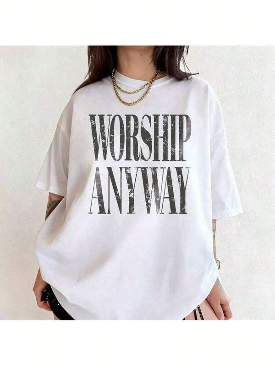 Imprescindible para la temporada de bodas, esencial para festivales, camiseta vintage con inspiración cristiana "Worship Anyway Distressed", ropa de playa, ropa boho para mujer, ropa casual de negocios para mujer, conjuntos de verano. - Multicolor - Ver 1