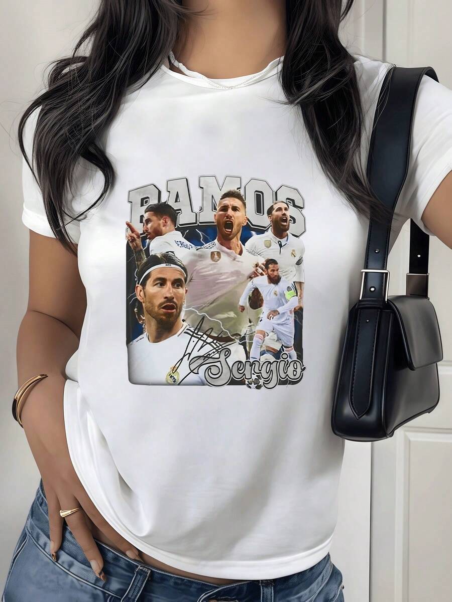 Women's T-Shirt With A Print Of Football Legend Sergio Ramos, An Iconic Image Capturing His Winning Spirit And Memorable Moments On The Field, Is An Essential Garment For Fans Who Celebrate Sporting Greatness With Style And Comfort, Ideal For Any Occasion. - 白色 - 查看 1