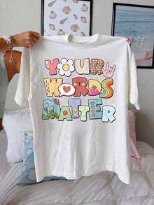 1 pieza Camiseta de Mujer con Estampado Gráfico de Terapia del Habla, Manga Corta, Cuello Redondo, Estilo Casual para Verano y Primavera, 180g Algodón 100% - Blanco - Ver 2