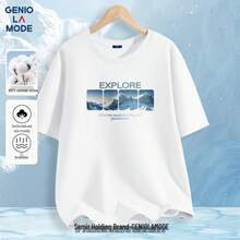 GENIOLAMODE Camiseta Casual de Algodón Estampada para Hombre - Blanco - Ver 7