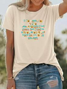 Ropa de moda femenina de edición limitada, camisetas para mujer, ropa elegante, adecuada para fiestas, campus, viajes, deportes, con estampado de girasoles, de algodón ligero. - Albaricoque - Ver 12