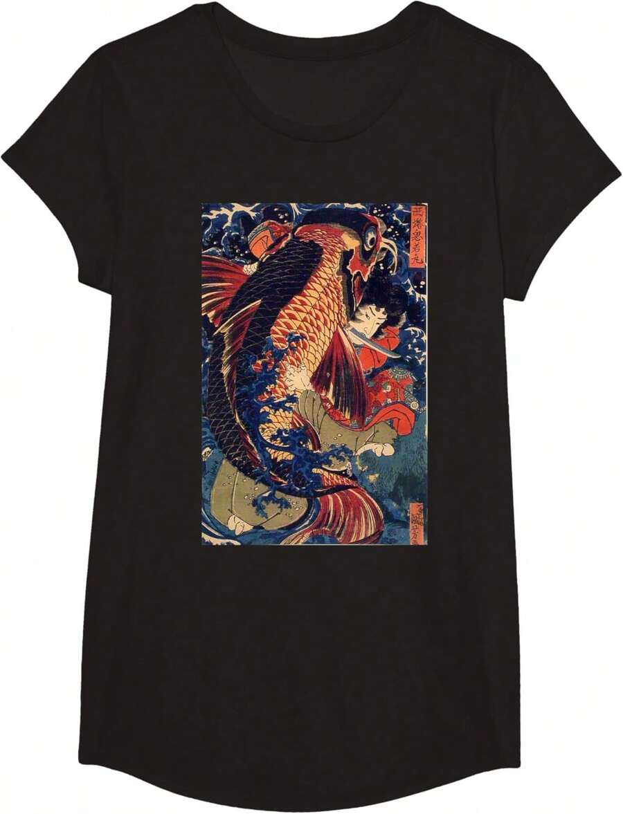 Japanese Fighting The Giant Carp T-Shirt - 黑色 - 查看 1