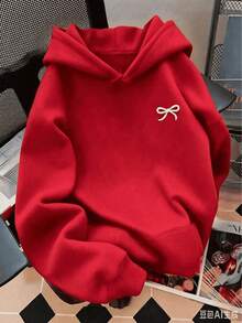 Cute Versatile Bow Pattern Women's Long Sleeve Pocket Casual Hoodieprinted Sweatshirt - 紅色 - 查看 10