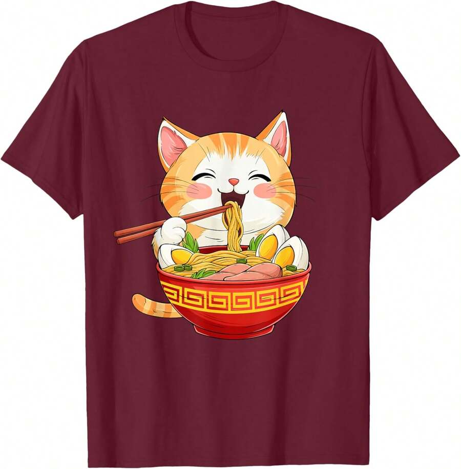 Japanese Cat Eating Ramen - Cute Anime Style T-Shirt - Burgundy - View 1