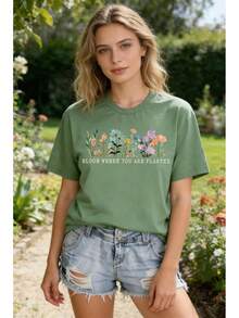Camisetas de flores vintage para mujer, lindas camisetas con estampado floral, camisetas bohemias de flores silvestres, camisetas casuales de verano de manga corta - Verde1 - Ver 5