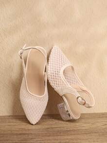 Girls' White Mesh Low Heel Sandals, Crystal Heel Buckle Closed Toe Shoes, Breathable Princess Style Party Performance Shoes, Suitable For Daily Wear And Formal Events - Beige - View 6