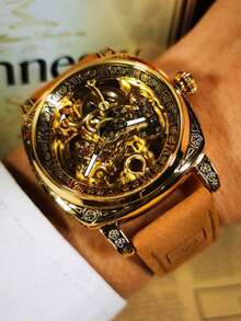 1pc Men's Vintage Carved Hollow Mechanical Watch, Automatic Movement, Large Dial, Waterproof, Luminous, Square Face, Leather Strap - one-size - View 1