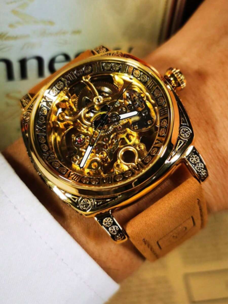 1pc Men's Vintage Carved Hollow Mechanical Watch, Automatic Movement, Large Dial, Waterproof, Luminous, Square Face, Leather Strap - one-size - View 1