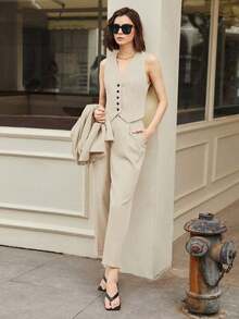 Conjunto casual de 2 piezas de unicolor para mujer, atuendo casual de negocios urbanos, elegante para la oficina, atuendo de maestra, primavera/verano - Beis - Ver 8