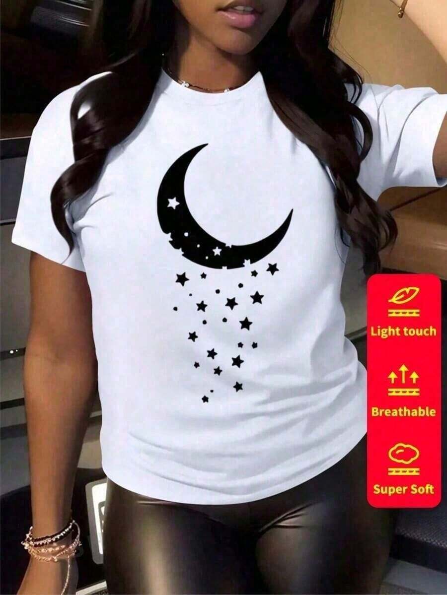 Women's Cotton T-Shirts Women's Short Sleeve T-Shirt, Round Neck, 100% Cotton, Loose Fit, Casual And Versatile Style With Modern Print. - 白色 - 查看 1