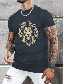 Men's Creative Lion Print T-Shirt, Plus Size, Casual Short Sleeve Crew Neck T-Shirt, Men's Summer Outdoor Clothing - 深灰色 - 查看 6
