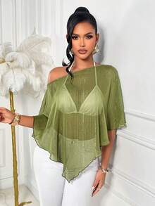 AIJ Elegant Green Sparkling Sheer Top, Off-Shoulder Asymmetric Mesh Cover Up For Women, Casual Summer Outing And Beach Cover-Up - Olive Green - View 3