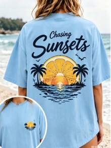 100% Cotton Unisex Round Neck Short-Sleeve T-Shirt With Palm Tree And Sunset Pattern, And The Words "FOREVER CHASING Sunsets" On The Back. Summer Wome - 淺藍色1 - 查看 11