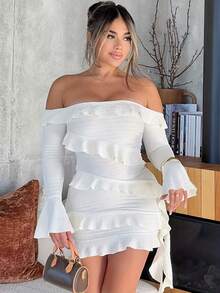 Vestido de Fiesta Sexy para Mujer - Hombros Descubiertos, Mangas Largas Acampanadas, Mini Ajustado y No Transparente para Salidas Nocturnas o Eventos Formales - Traje de Otoño para Fiestas y Cenas - Blanco - Ver 3