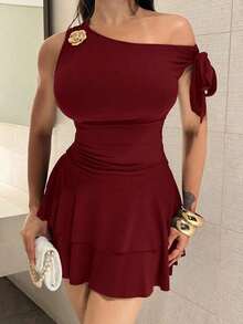 Vestido mini de verano para mujer de unicolor con cuello asimétrico - Burdeos - Ver 5