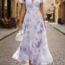guang zhou mi qian shang mao  Vestido midi de línea A con cintura ceñida, cuello en V, volantes en el bajo y estampado floral, elegante y romántico para ocasiones festivas - Multicolor - Ver 11