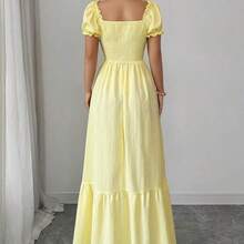 guangzhougaolangshangmao  Nuevo vestido de mujer con textura trenzada de tela arrugada, mangas abullonadas, nudo delantero, espalda descubierta, cintura ceñida. Favorecedora, elegante, adecuada para vacaciones, citas casuales, joven y refinada - Rosa Fucsia - Ver 3