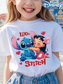 [Authorized] Lilo And Stitch Print Disney Girls Summer Round Neck Casual T-Shirt For Children, Slightly Stretchy Fabric, Suitable For Birthday Gifts, Ideal For Daily Activities, Sports, And Travel, Summer T-Shirts For Girls - trắng - Xem 1