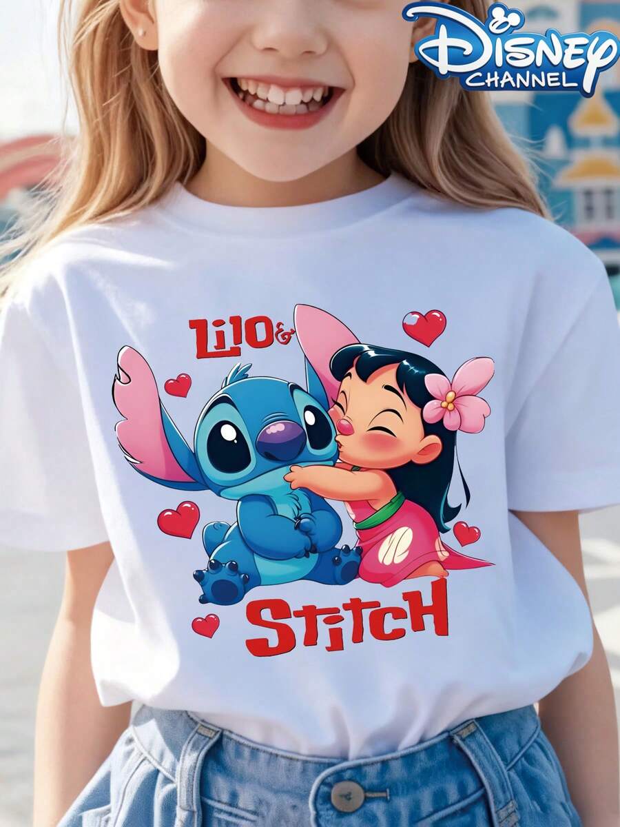 [Authorized] Lilo And Stitch Print Disney Girls Summer Round Neck Casual T-Shirt For Children, Slightly Stretchy Fabric, Suitable For Birthday Gifts, Ideal For Daily Activities, Sports, And Travel, Summer T-Shirts For Girls - trắng - Xem 1