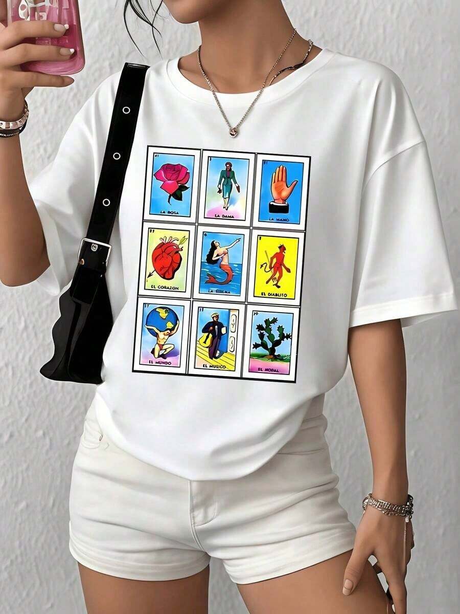 Cool vibe La imagen muestra cartas mexicanas de lotería que simbolizan amor fuerza belleza esperanza y destino en colores vivos camiseta de mujer 100% algodón suave y cómoda para uso diario style - Blanco - Ver 1