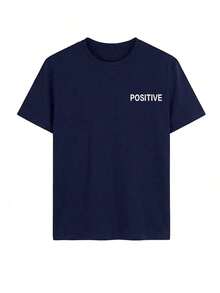 Camiseta de manga corta para mujer con estampado de flores de cerezo "POSITIVE", corte holgado y cómodo, estilo vintage americano.Adecuado para paseos urbanos en primavera, admirar las flores de cerezo y para desplazamientos diarios informales en verano. - Azul marino - Ver 4