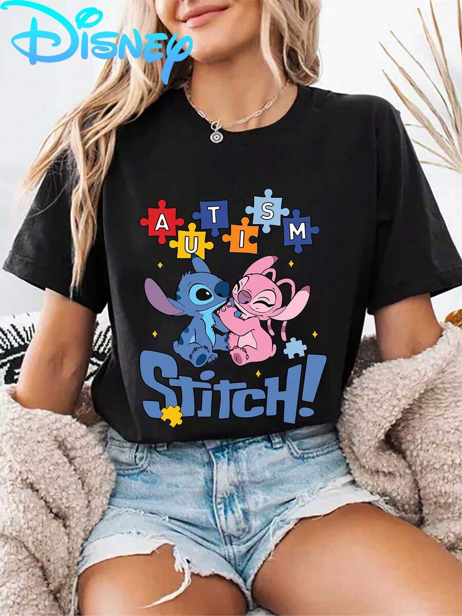 Disney Licensed Stitch Angel Autism Puzzle Print T-Shirt, Short-Sleeve Lilo & Stitch, Summer Women'S Fashion, Casual, Comfortable, Soft, Suitable For Daily Outdoor, Fitness, Breathable Round-Neck Short-Sleeve T-Shirt - Black - View 1